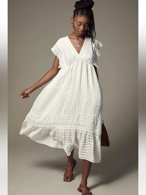 Anthropologie V-Neck Ruffled Tiered Babydoll Midi Dress White